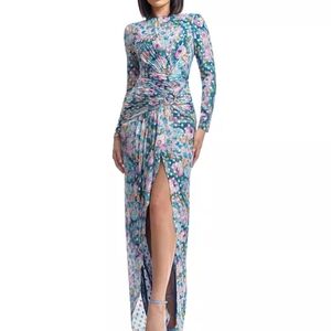 Dress the Population Pink/Blue Ruched Long Sleeve Sheath Dress